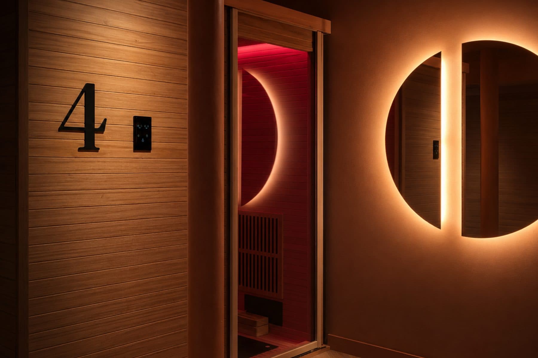 Une cabine Spark numérotée, son miroir lumineux et la lueur rouge de la séance